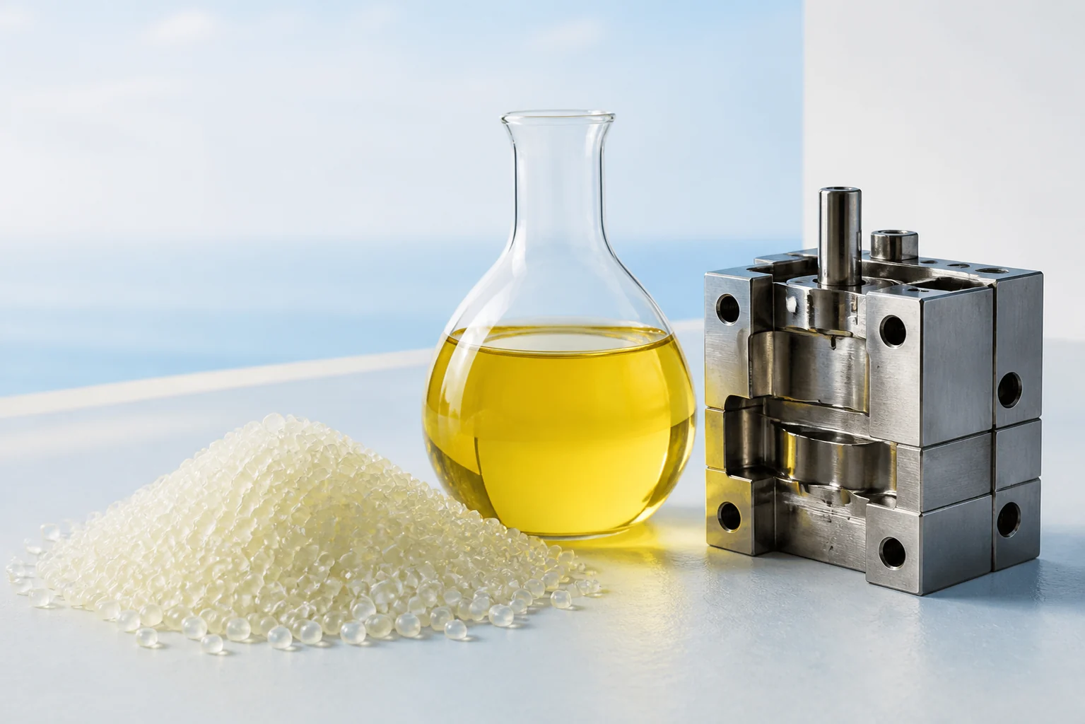 Polymer pellets, vegetable oil, and a precision industrial tooling component