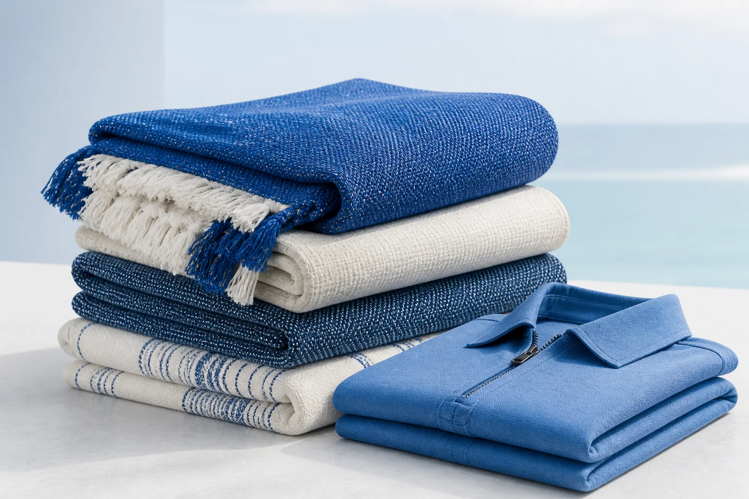 Folded blue and off-white textiles with a neatly folded garment